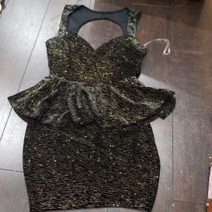 Black velour- like peplum mini with gold glitter S